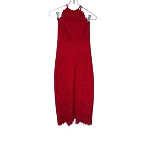 Lover Womens Dress Lace Overlay Halter Oasis Open Back Midi D280BH Red Sz. 4 NWT